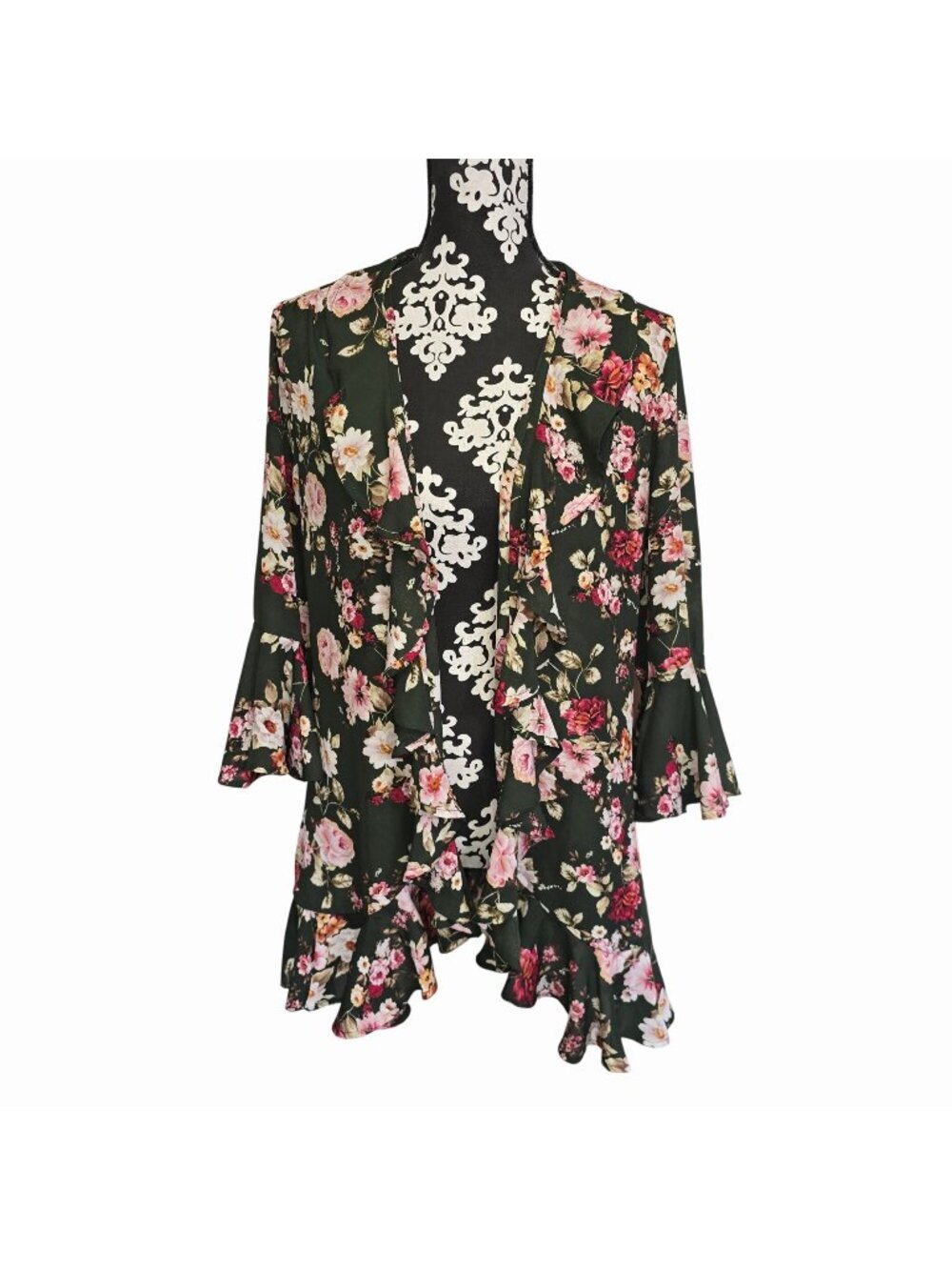 Entro S Boho Floral Ruffle Hem Open Cardigan Jacket Olive Green Lightweight